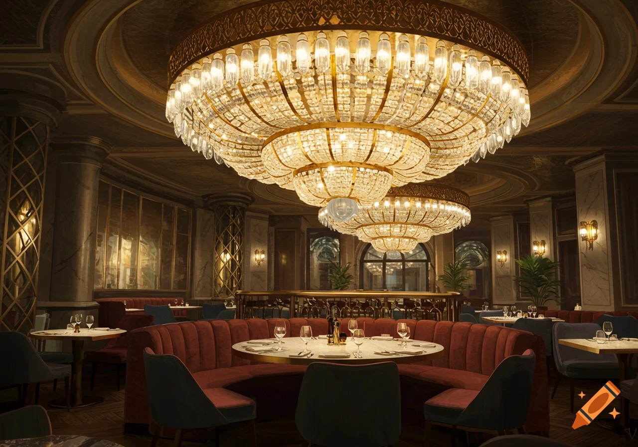 A luxurious restaurant interior with large crystal chandeliers, marble columns, and plush seating.
