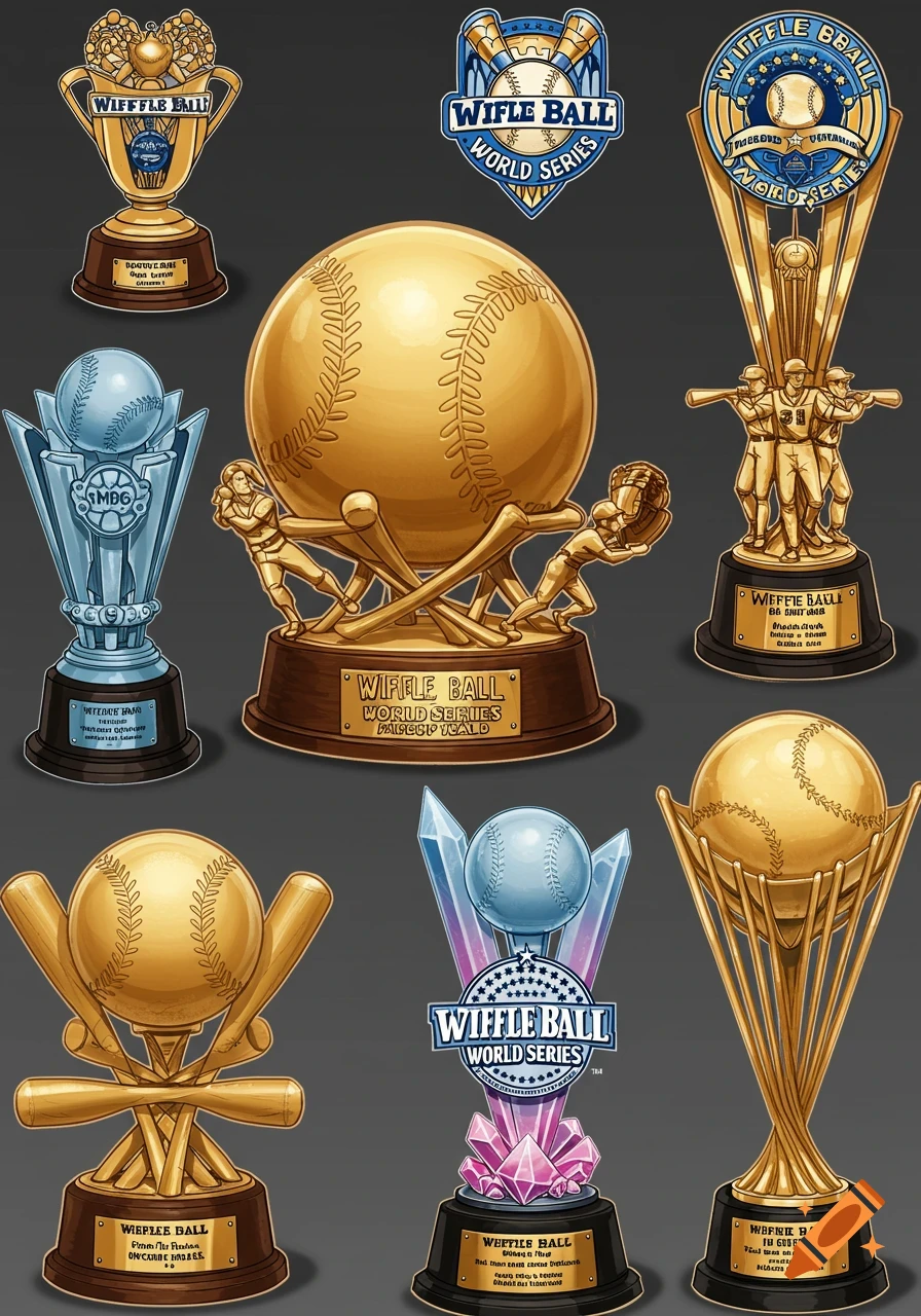 Several detailed images of Wiffle Ball world series trophy designs.
