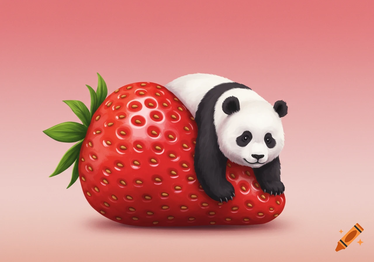 A cute panda lying on top of a large strawberry.