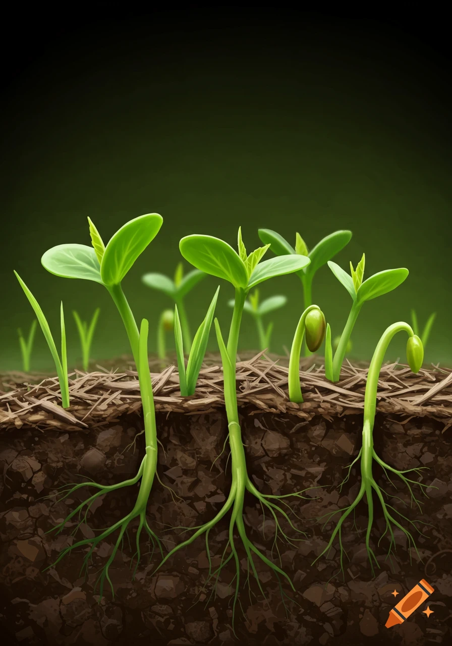 Green plant sprouts growing from brown soil with visible roots, covered by dead plant material.