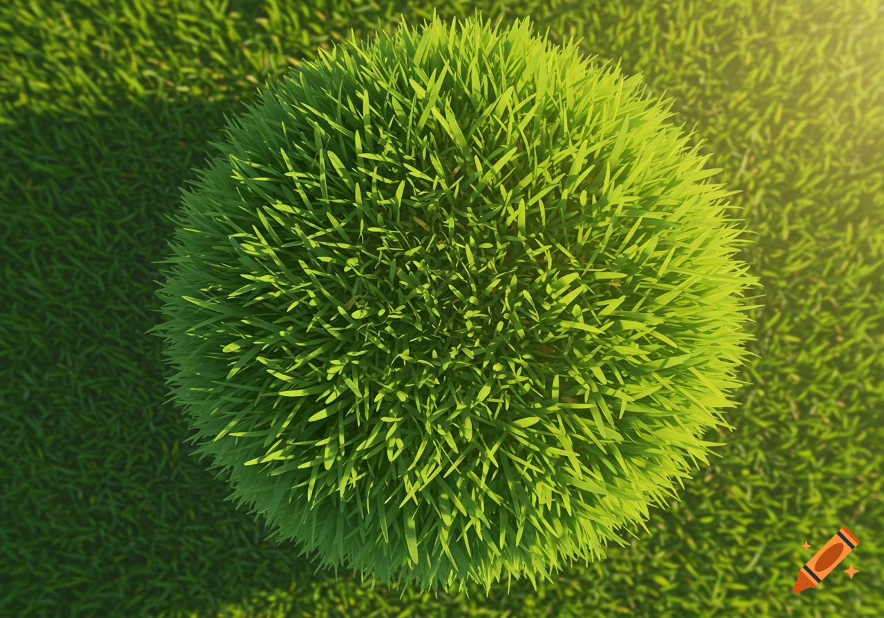 Top down of a round clump of bright green grass.