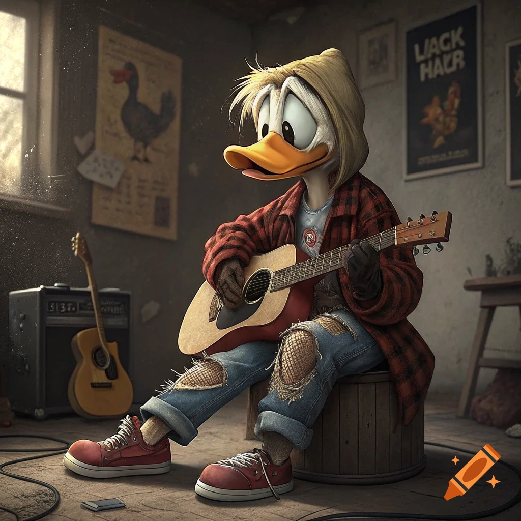 Donald Duck dressed as Kurt Cobain playing guitar in a grunge room.