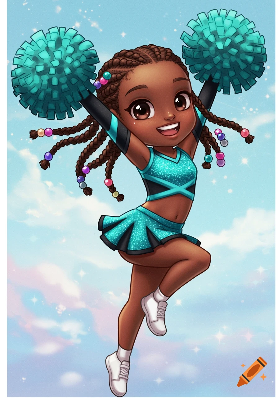 Cartoon girl cheerleading with braids and colorful beads.