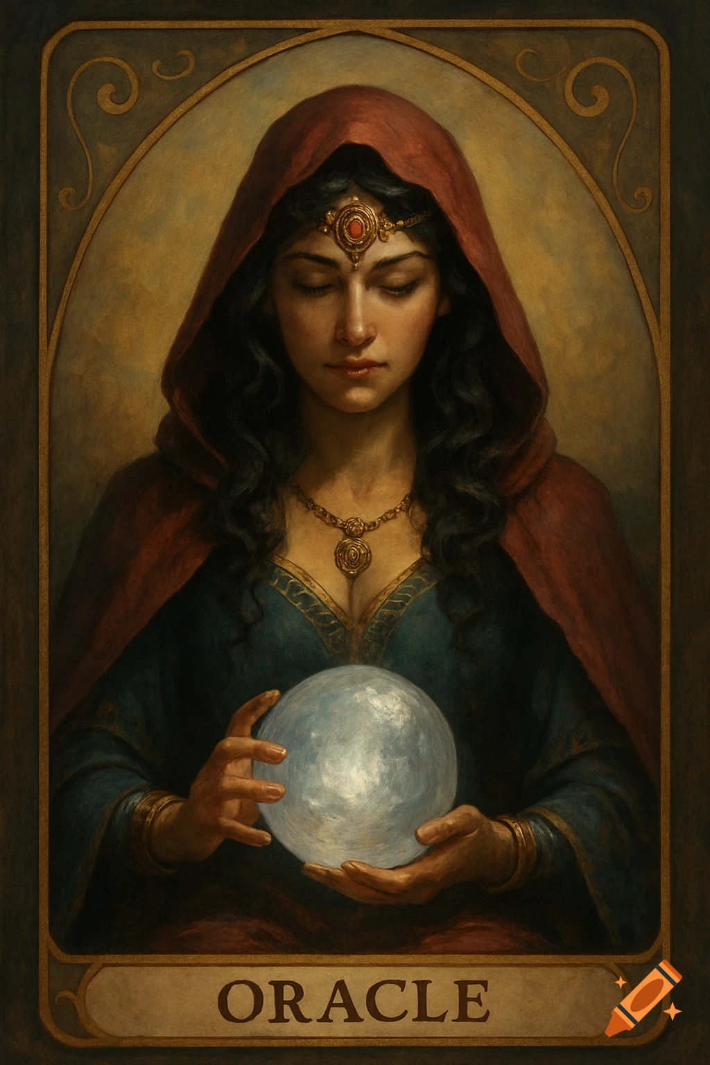 A painted portrait of a woman in a red hood holding a crystal ball, with the word ORACLE in a banner below.