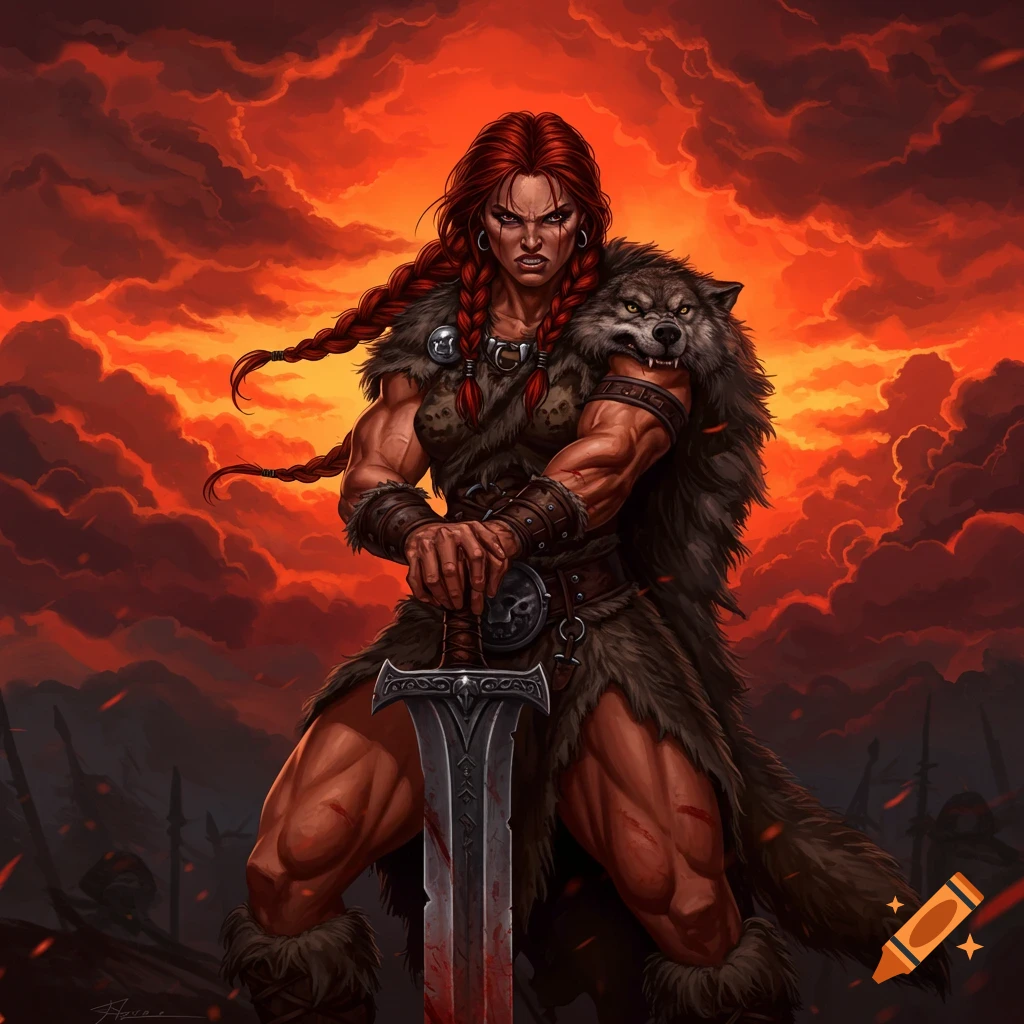 A muscular barbarian woman with red braids and a wolf pelt holds a bloody sword against a stormy red sky, in the style of Frazetta.