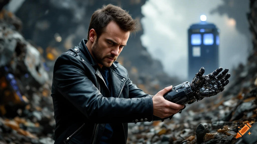 Man examines a robotic arm in a debris-strewn landscape with a blue police box in the distance.