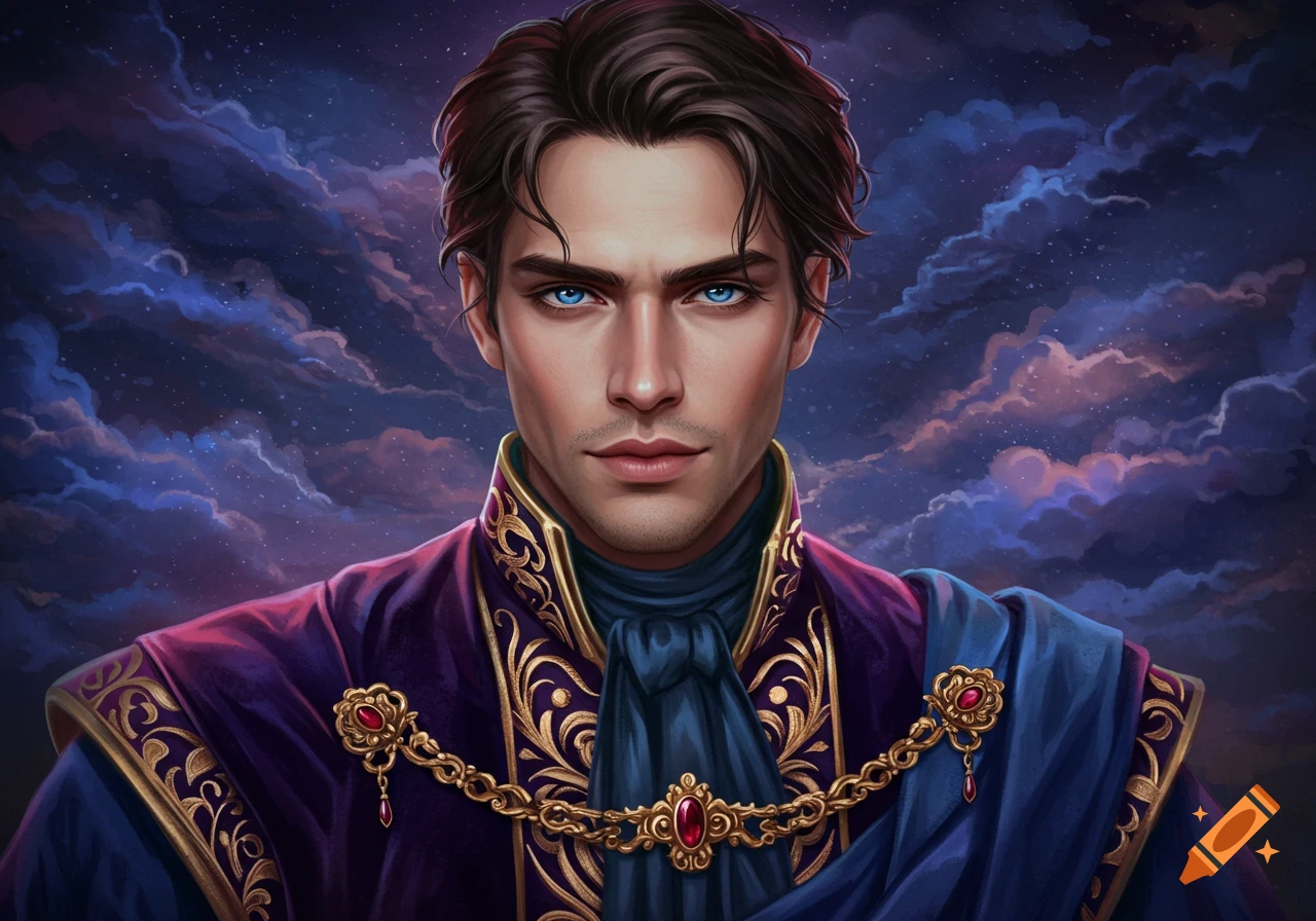 A man with dark hair and blue eyes in purple and gold fantasy attire against a starry sky.