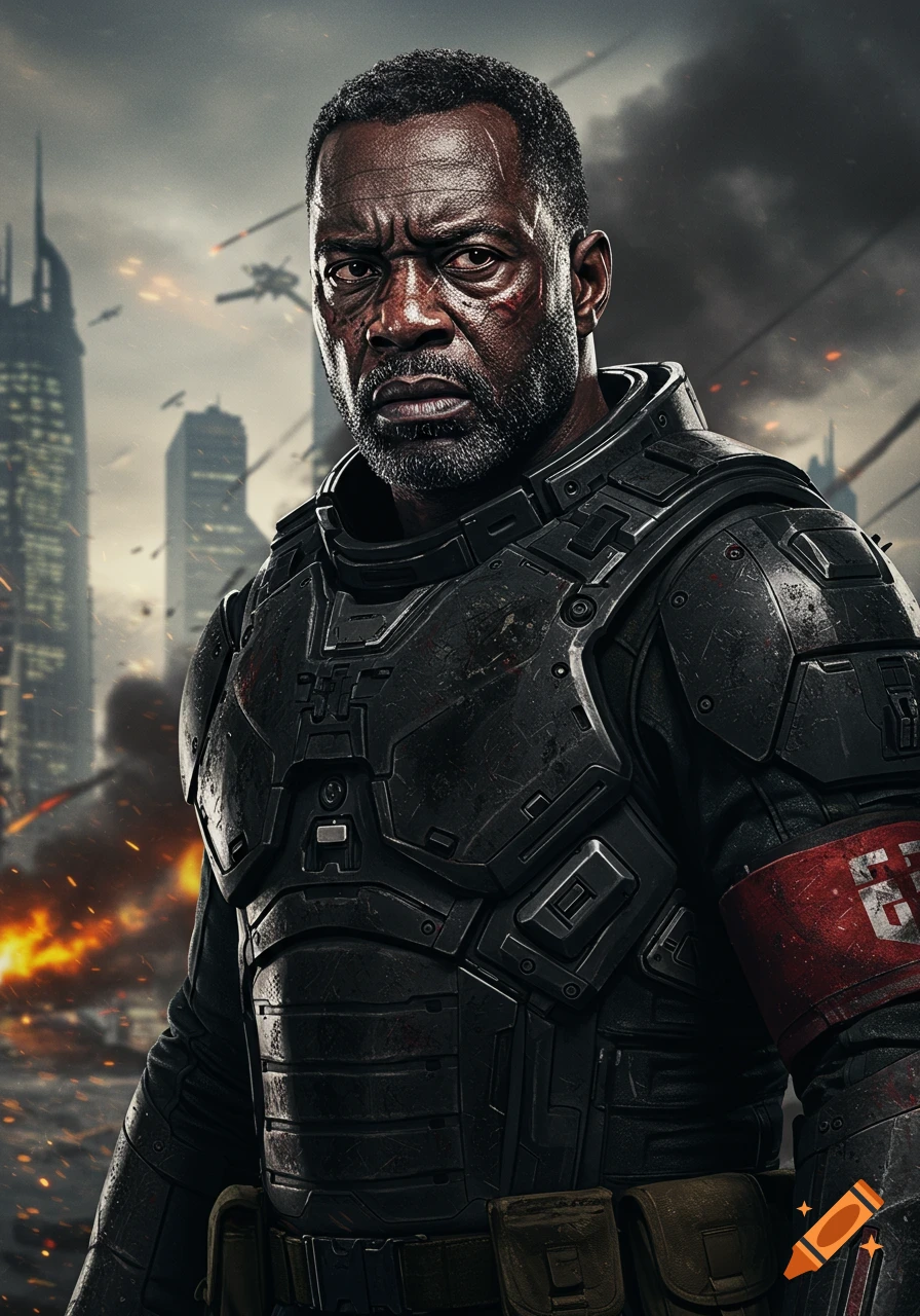 A gritty scifi soldier in dark armor stands in a war-torn city.