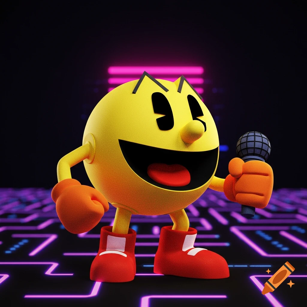 3D render of Pac-Man holding a microphone in a neon grid maze