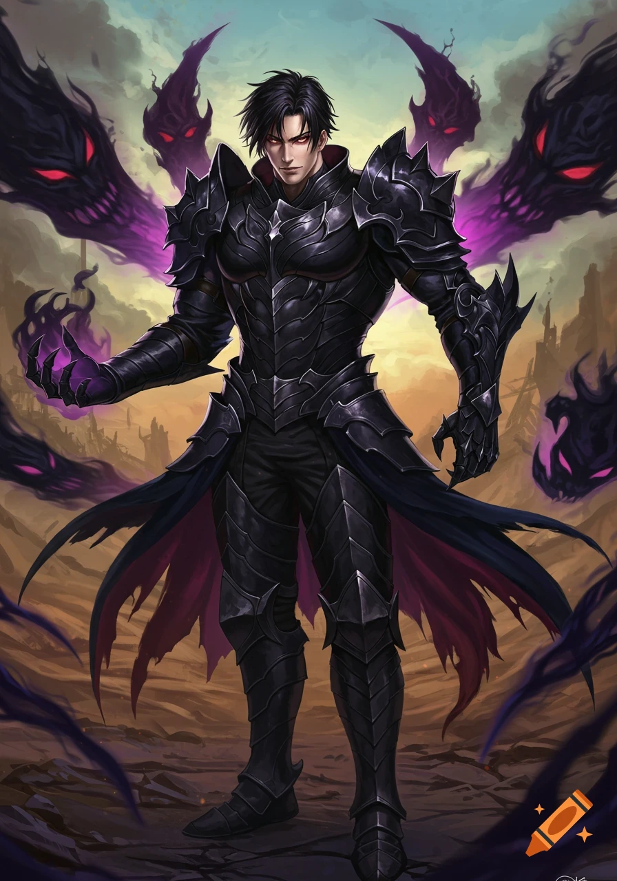 A man in black armor with red eyes is surrounded by dark, shadowy monsters.