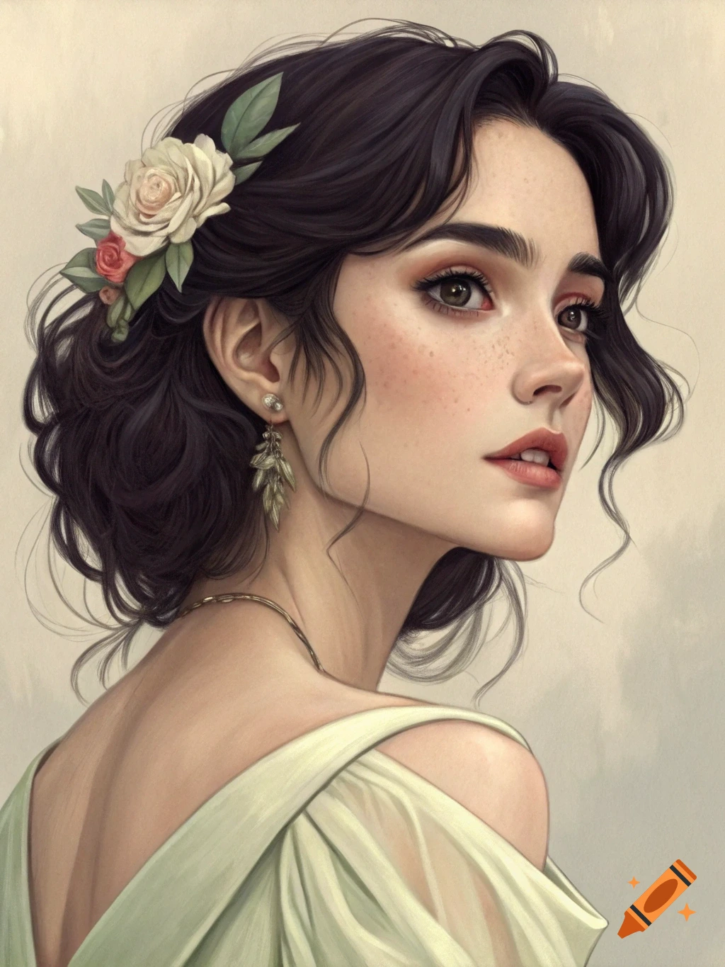 Portrait of a young woman with dark hair and flowers looking over her shoulder.