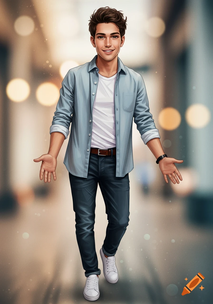 A smiling young man in a blue shirt and jeans is standing in a blurry urban setting.