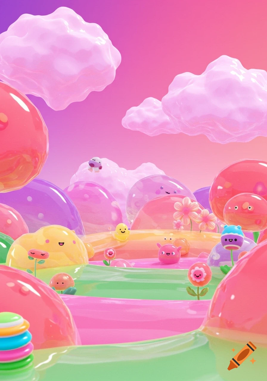 A colorful fantasy landscape in jelly artstyle with cute blob creatures, flowers, and clouds.