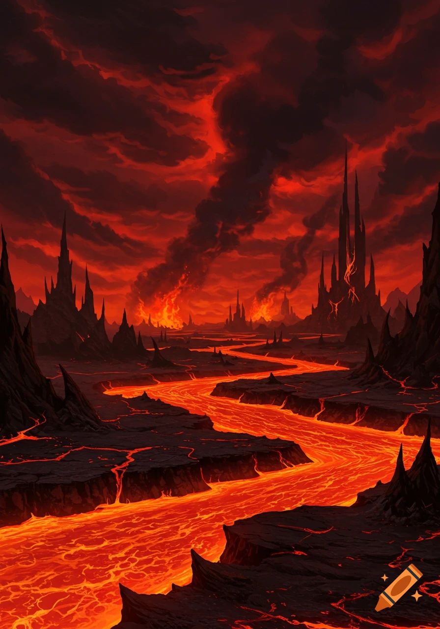 A hellish landscape with a river of lava, dark rock formations, and spiky towers under a red, smoky sky.