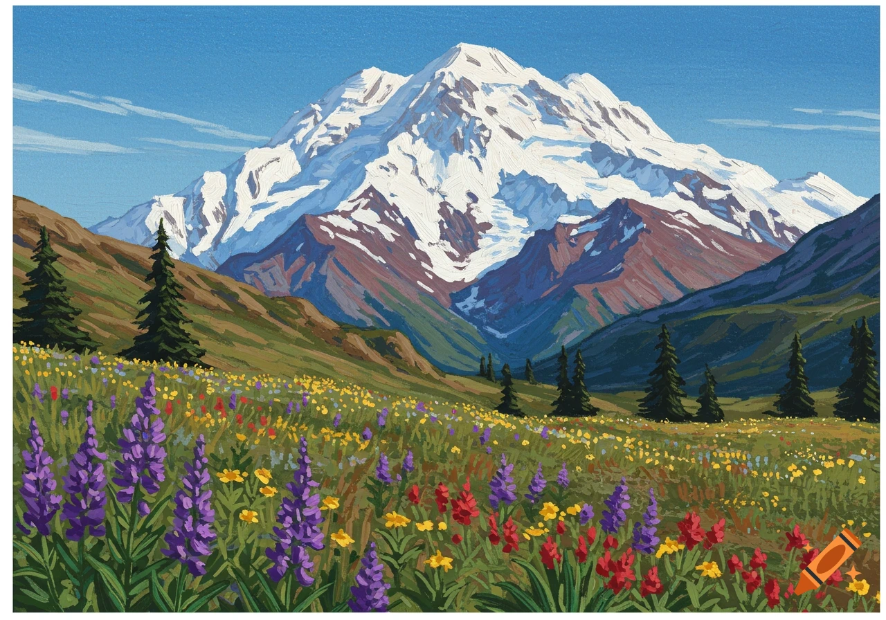 A painted landscape of a large snow-capped mountain rising behind a field of colorful wildflowers and scattered evergreen trees.