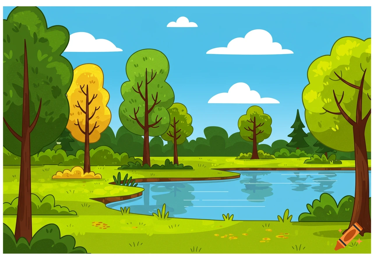 Cartoon illustration of a lake scene with green and yellow trees under a blue sky with clouds.