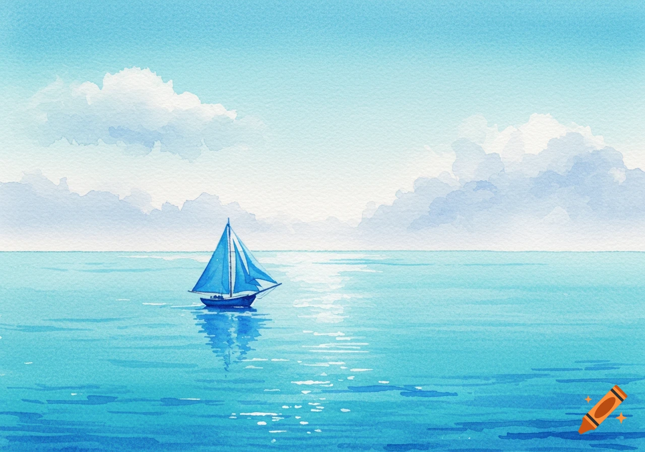 Watercolor painting of a blue sailboat on the sea under a cloudy blue sky.