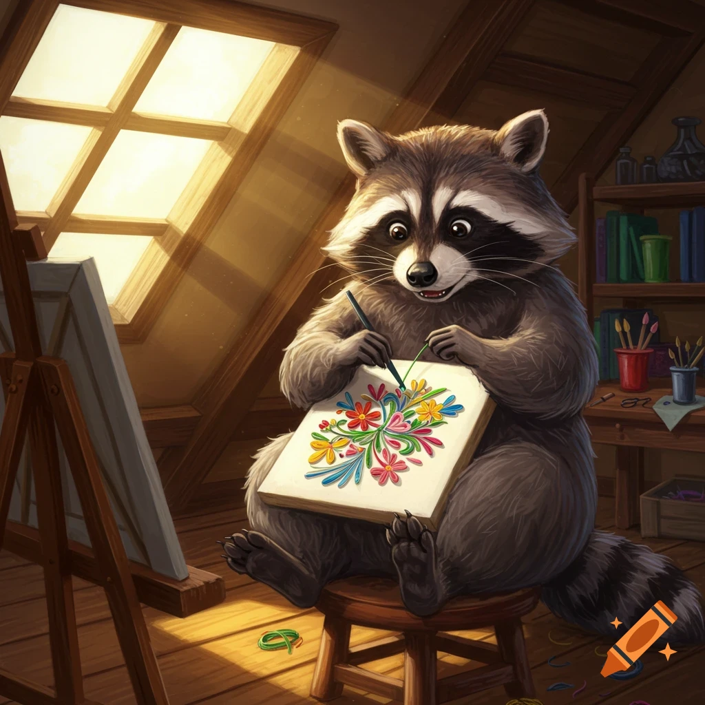 A raccoon sitting on a stool in an attic, working on a colorful quilling art piece.