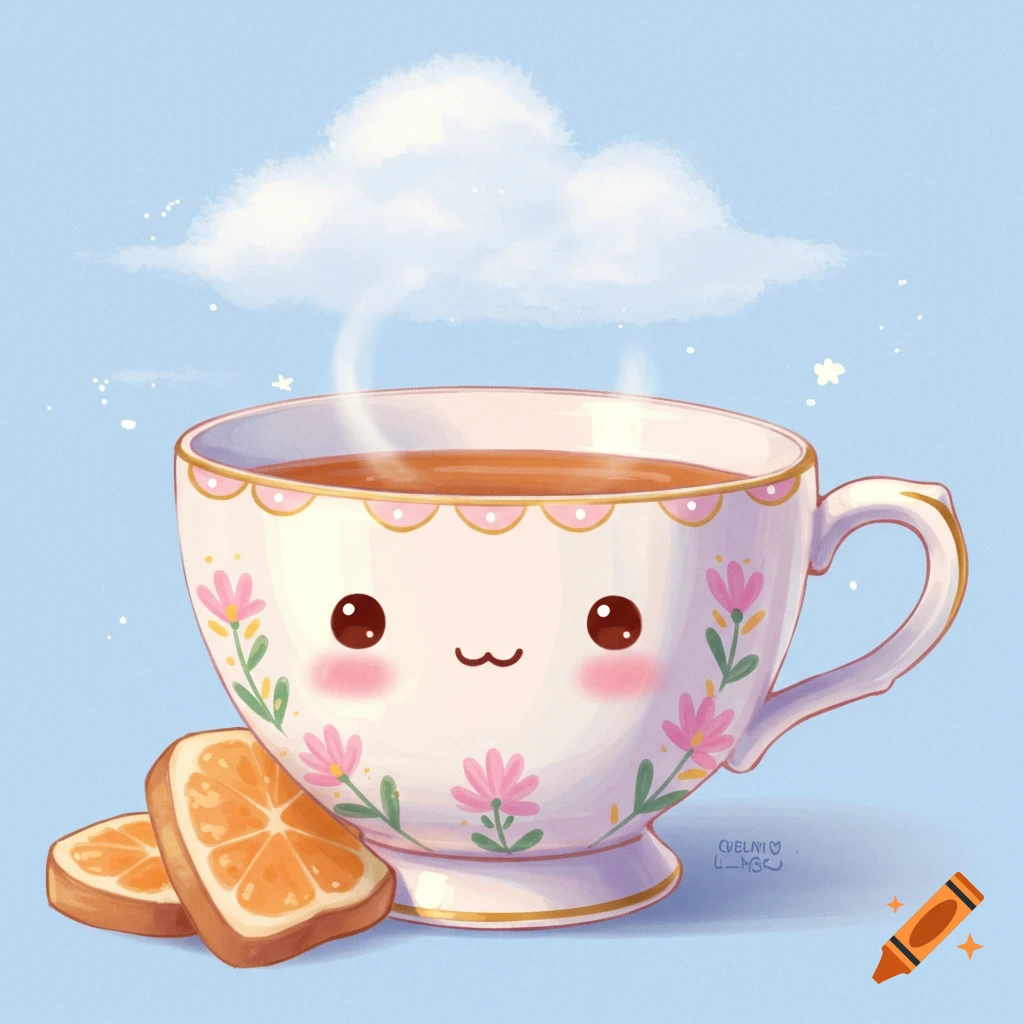 Digital illustration of a cute teacup with a face and blush, holding tea, with steam, next to orange slices under a cloud.