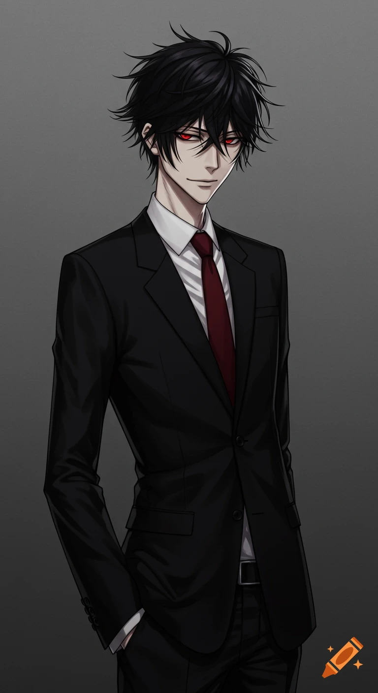 An anime character with messy black hair and red eyes wears a black suit and red tie.