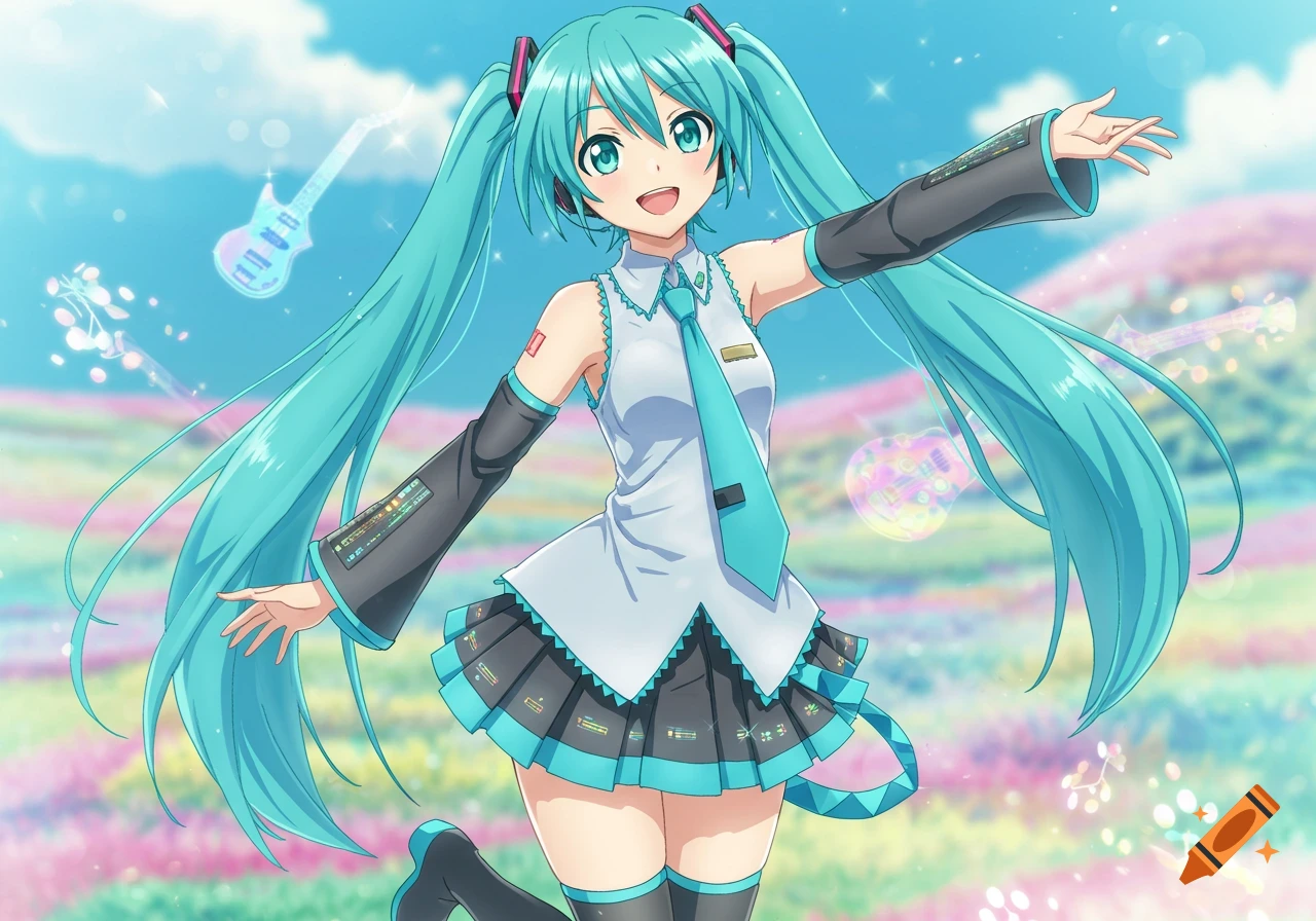 Hatsune Miku in her signature outfit, posing in a colorful outdoor setting with floating guitars.