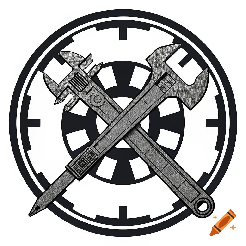 Crossed wrench and caliper within a Star Wars Empire symbol.