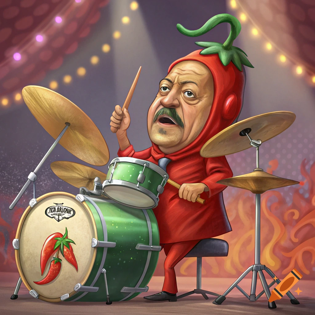Cartoon caricature of Cheech Marin in a chili pepper costume playing drums on a stage.