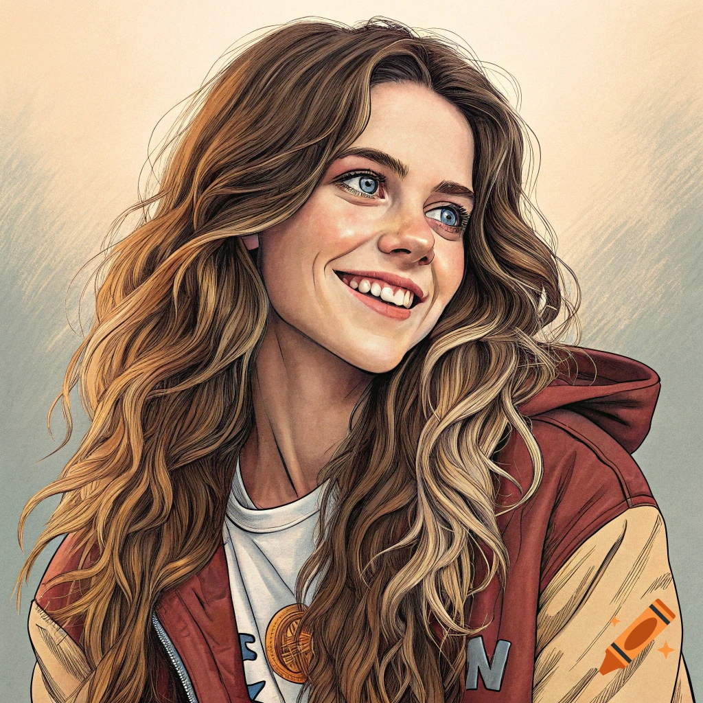Illustrated portrait of a young woman with long brown hair and blue eyes, smiling and wearing a jacket.
