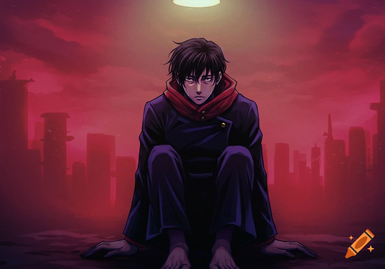 An anime character sits on the ground in front of a cityscape at sunset.