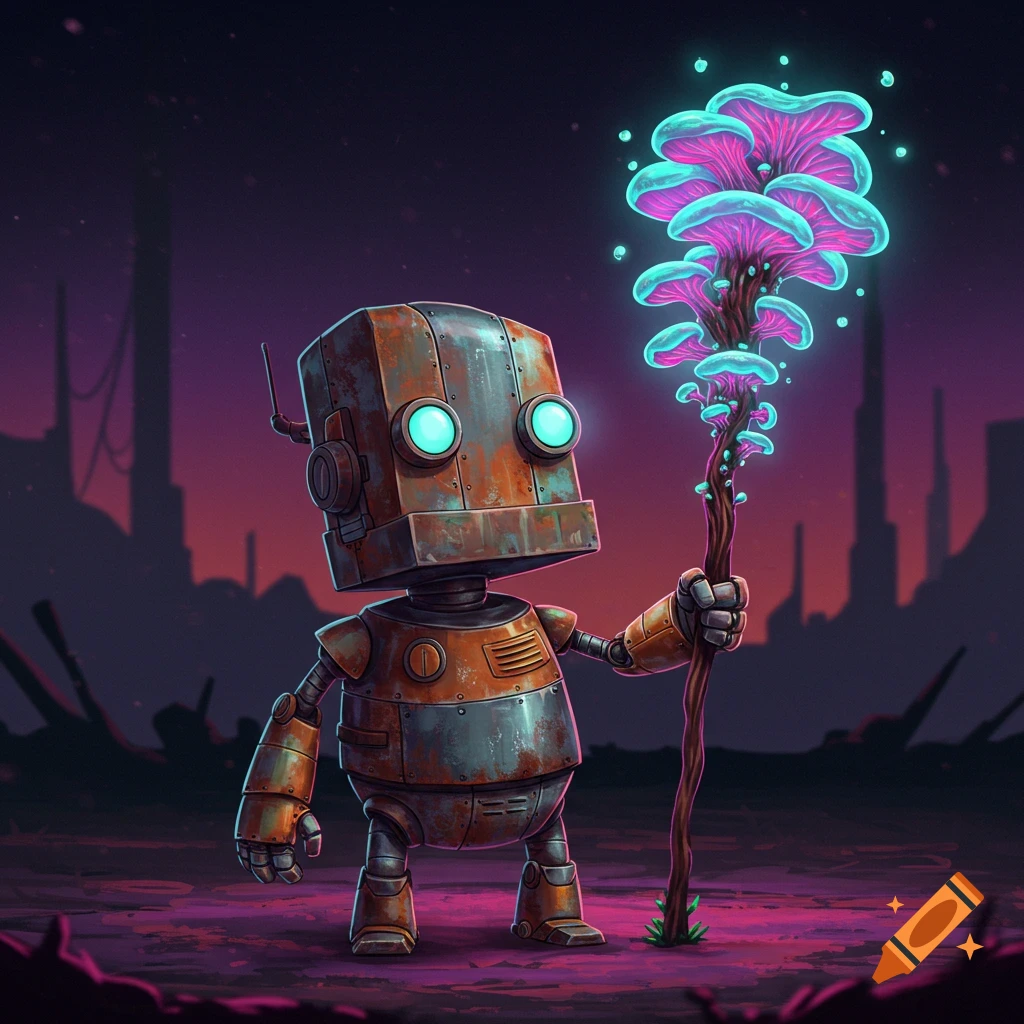 A cute, rusty robot holds a staff topped with glowing mushrooms in a sci-fi landscape.