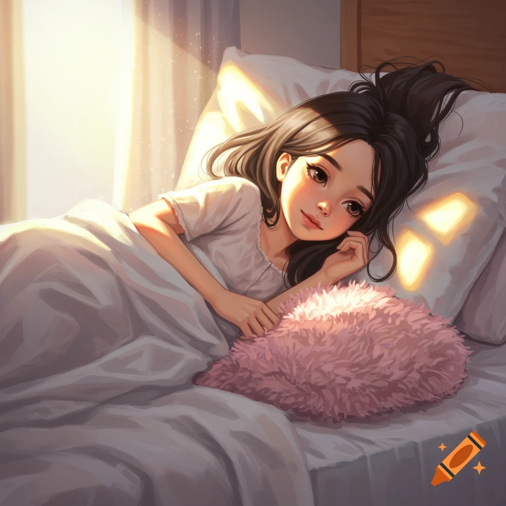 A young girl lying in bed bathed in sunlight.