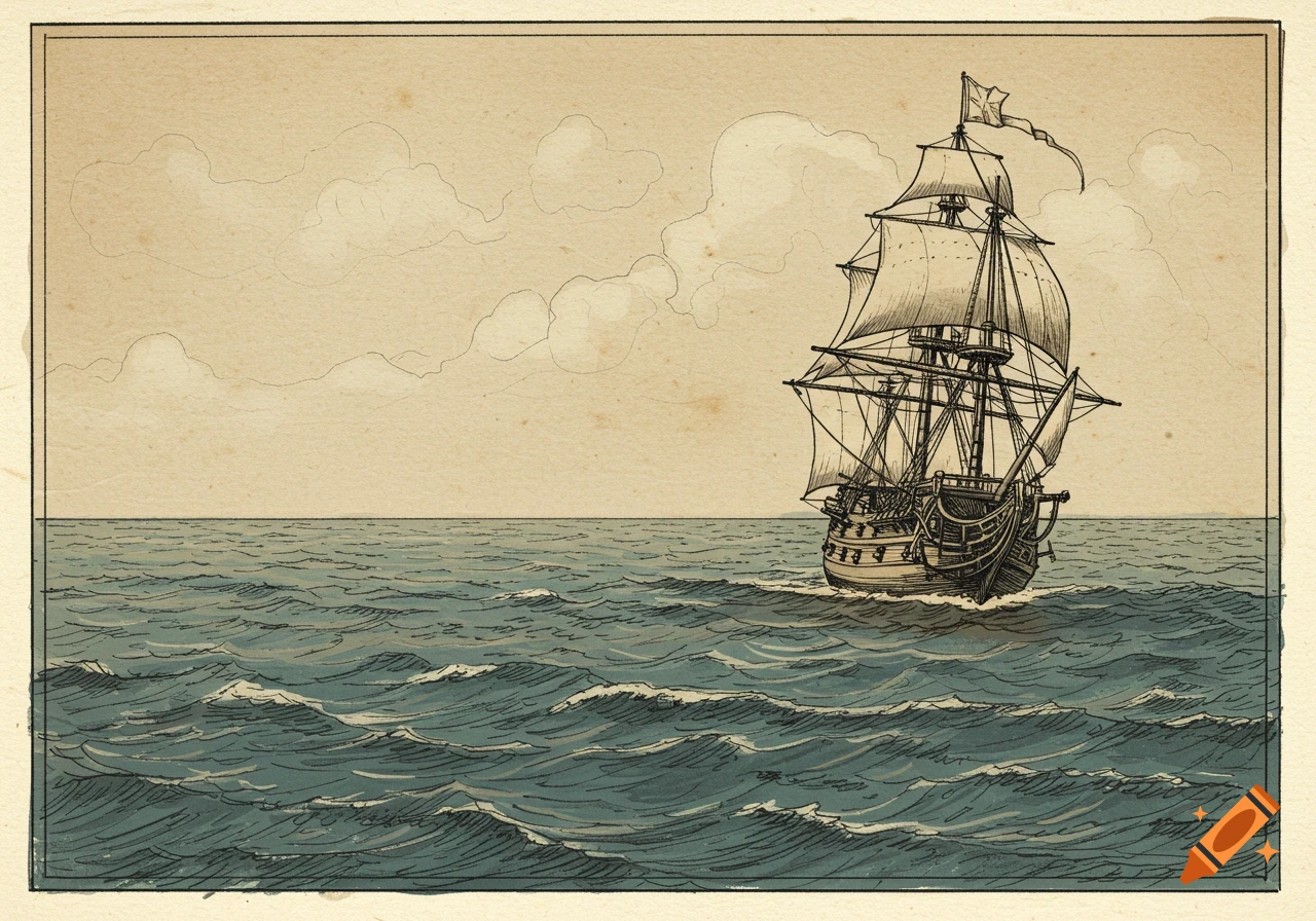 Old drawing of a 17th century sailing ship at sea.