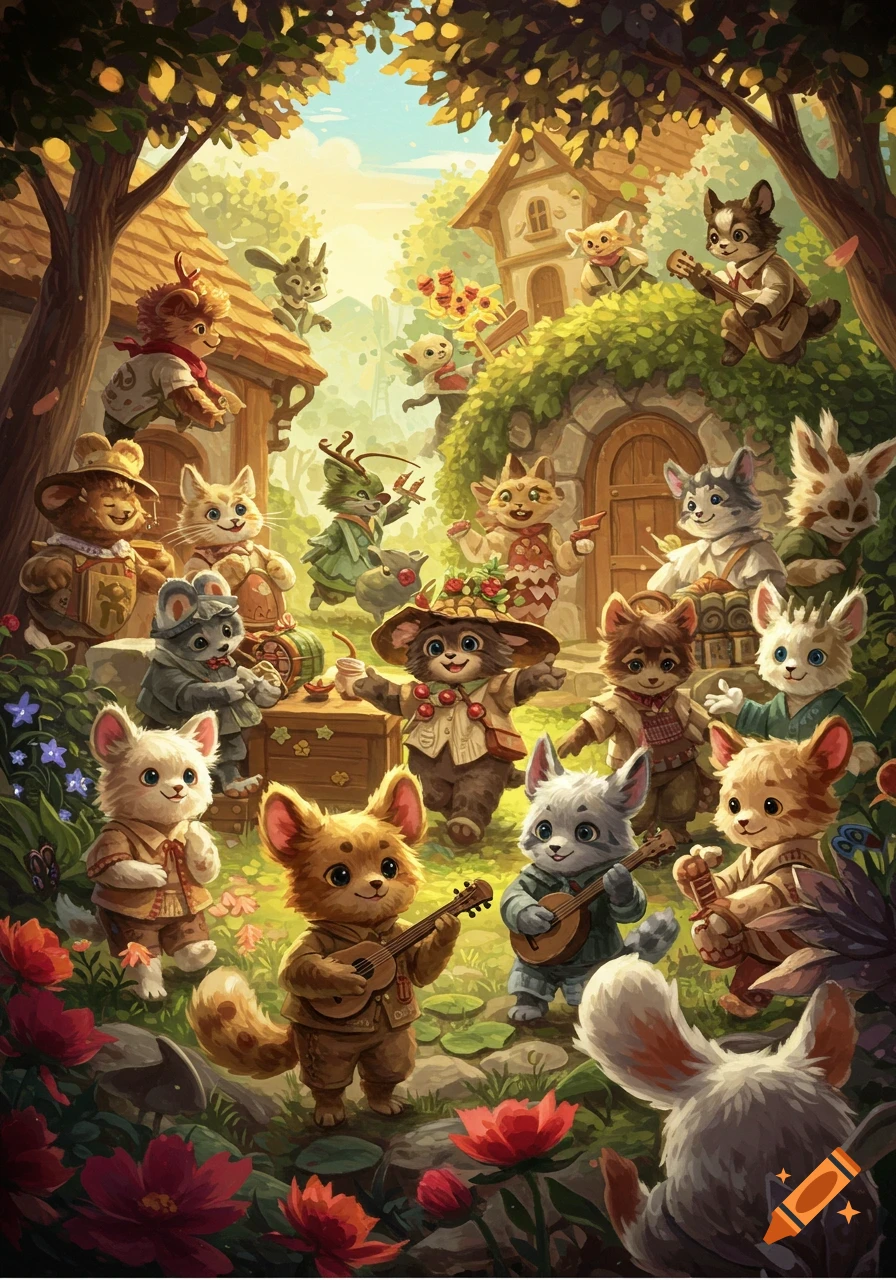 Anthropomorphic animals playing music in a whimsical village setting.