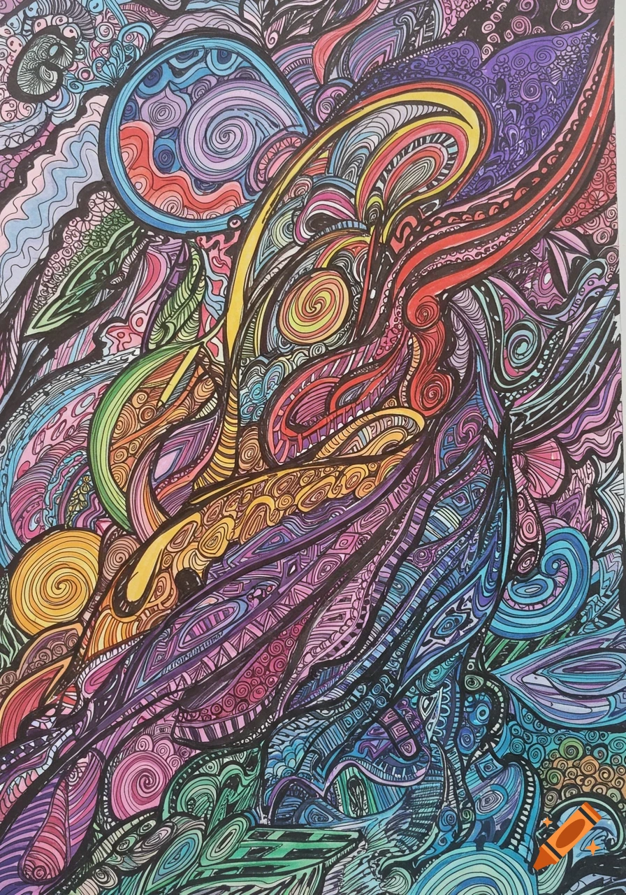 Detailed colorful abstract drawing with swirling lines and intricate patterns.