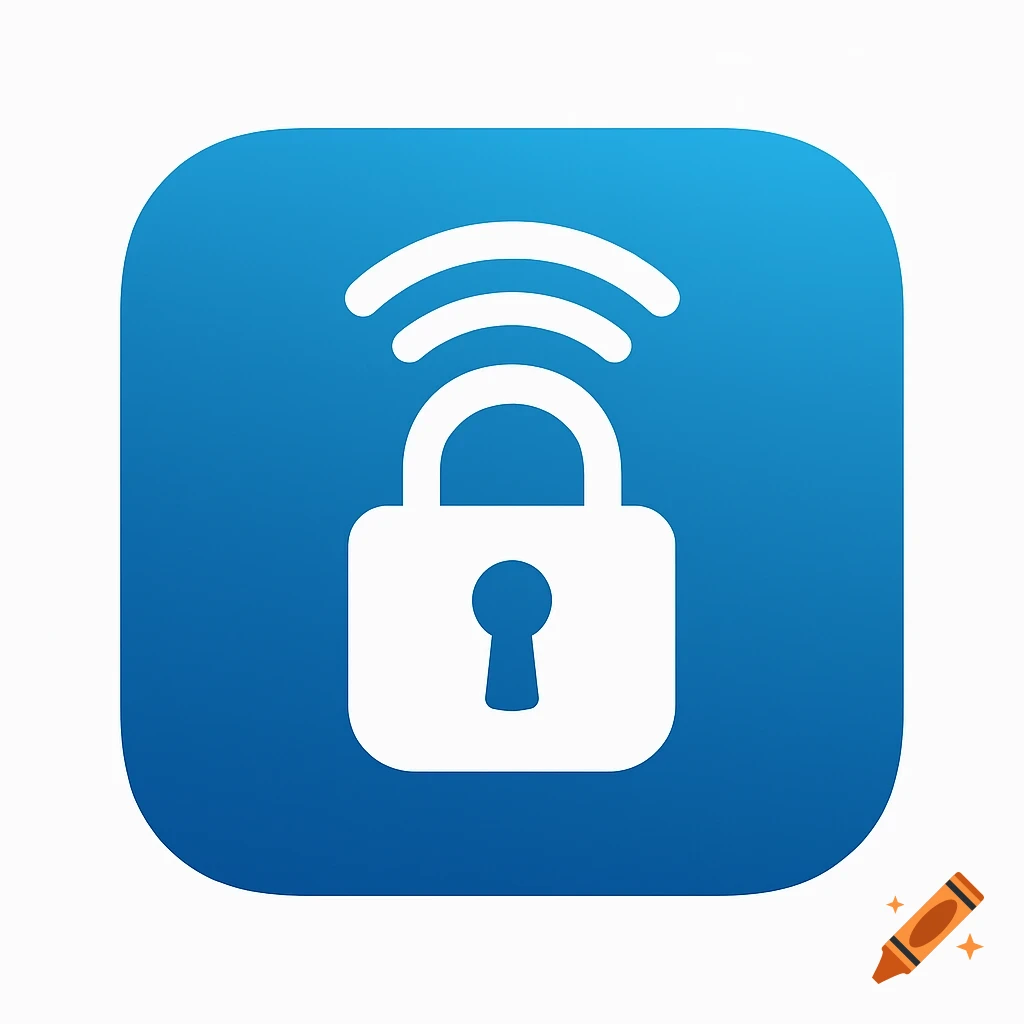 White padlock icon with wifi signal bars above it inside a blue rounded square.
