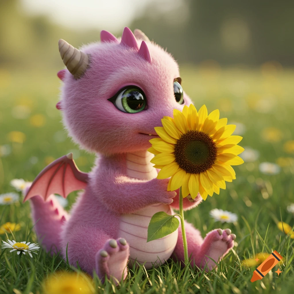 Cute pink baby dragon holding a sunflower in a sunlit field of wildflowers.