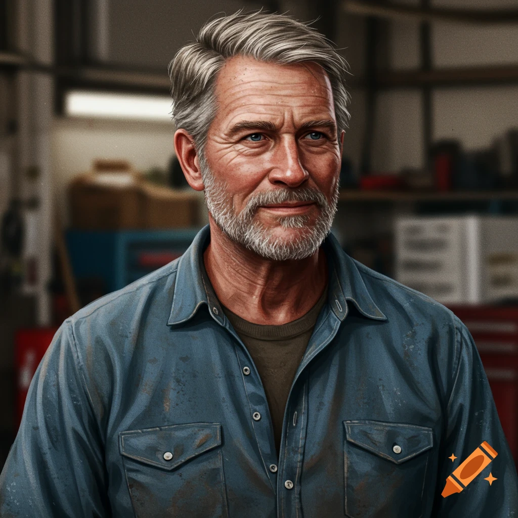 An older man in a blue shirt is in a workshop