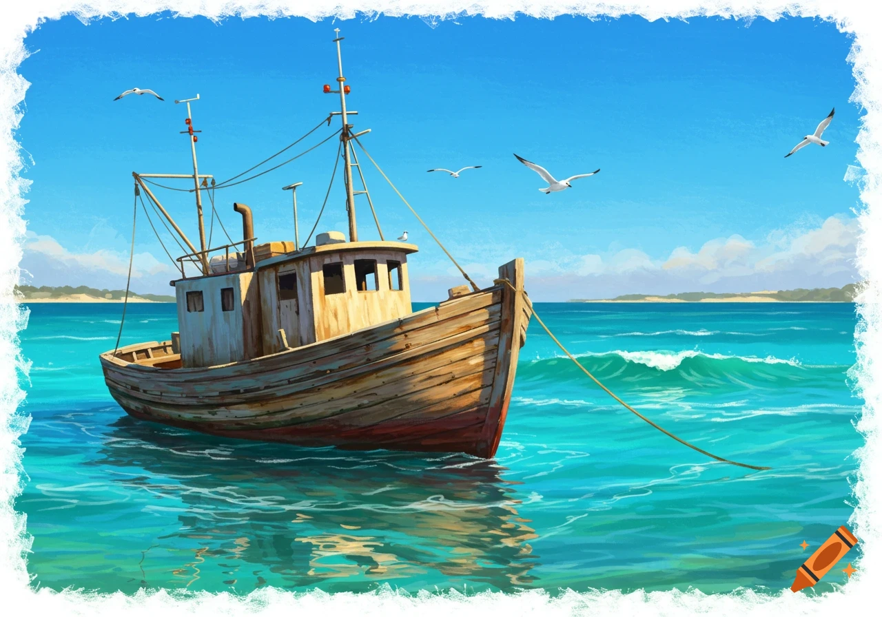 A fishing boat on the sea with seagulls flying overhead.