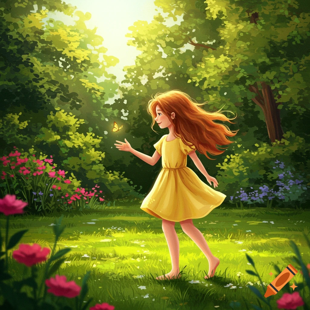 A young girl in a yellow dress walks barefoot in a sunny garden with flowers and a butterfly.