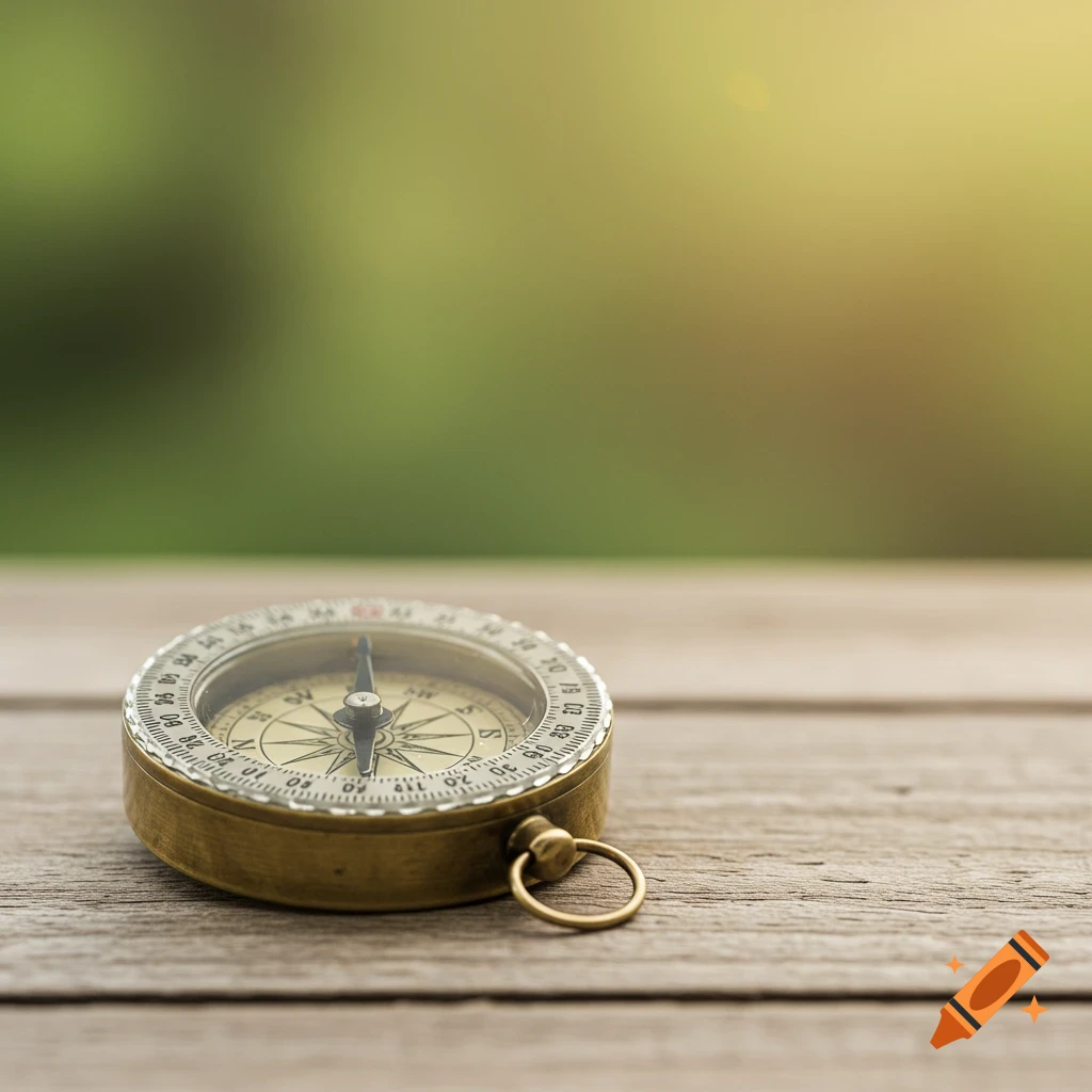 A brass compass sits on a wooden surface with a blurred green background.