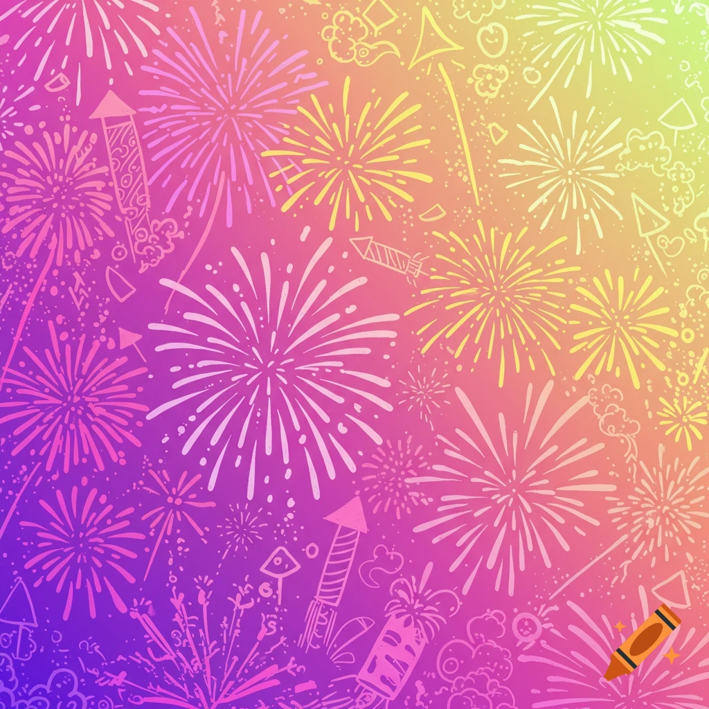 A colorful pattern of stylized fireworks and rockets on a gradient background.