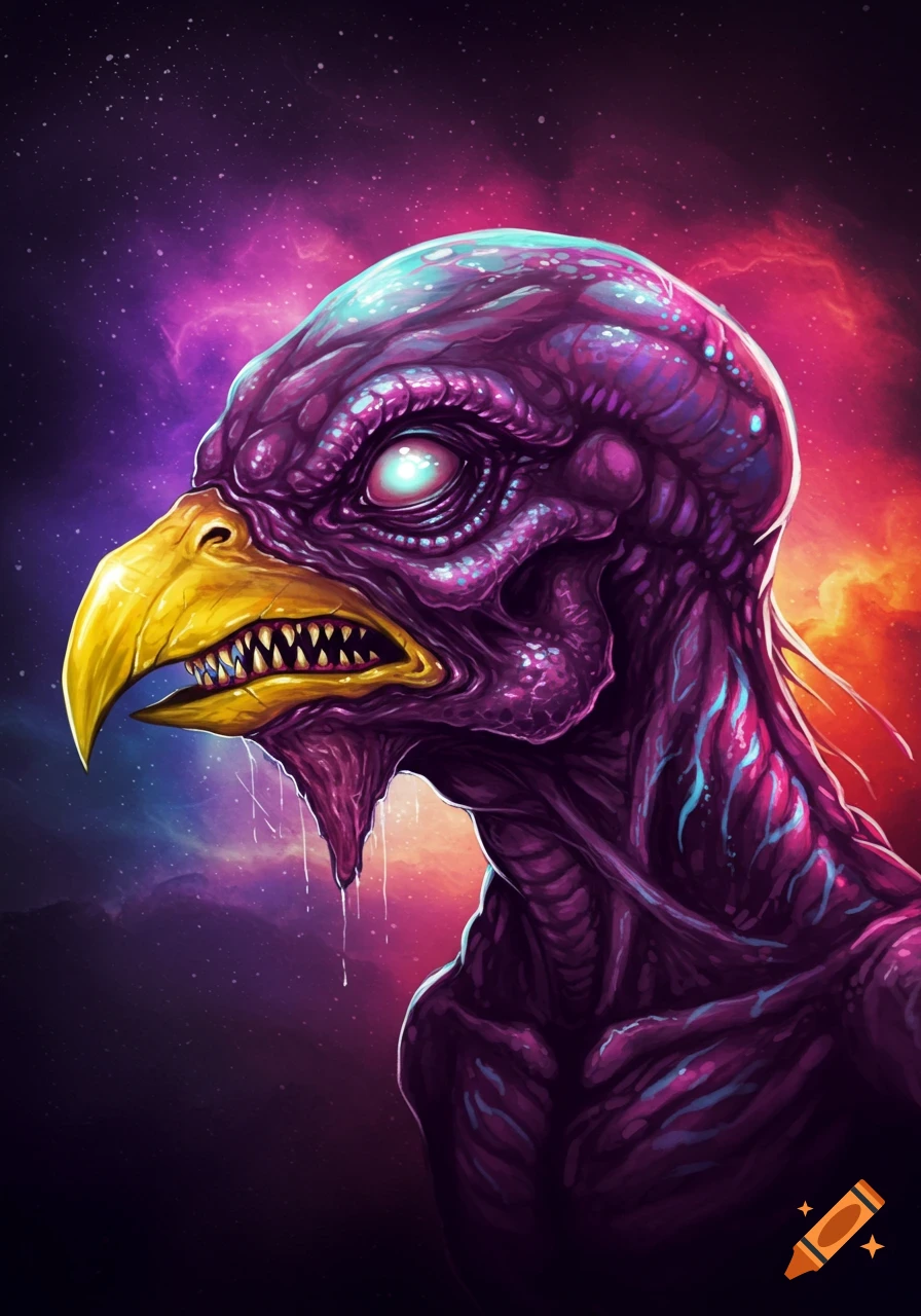 A purple alien monster with a yellow beak and sharp teeth against a cosmic background.