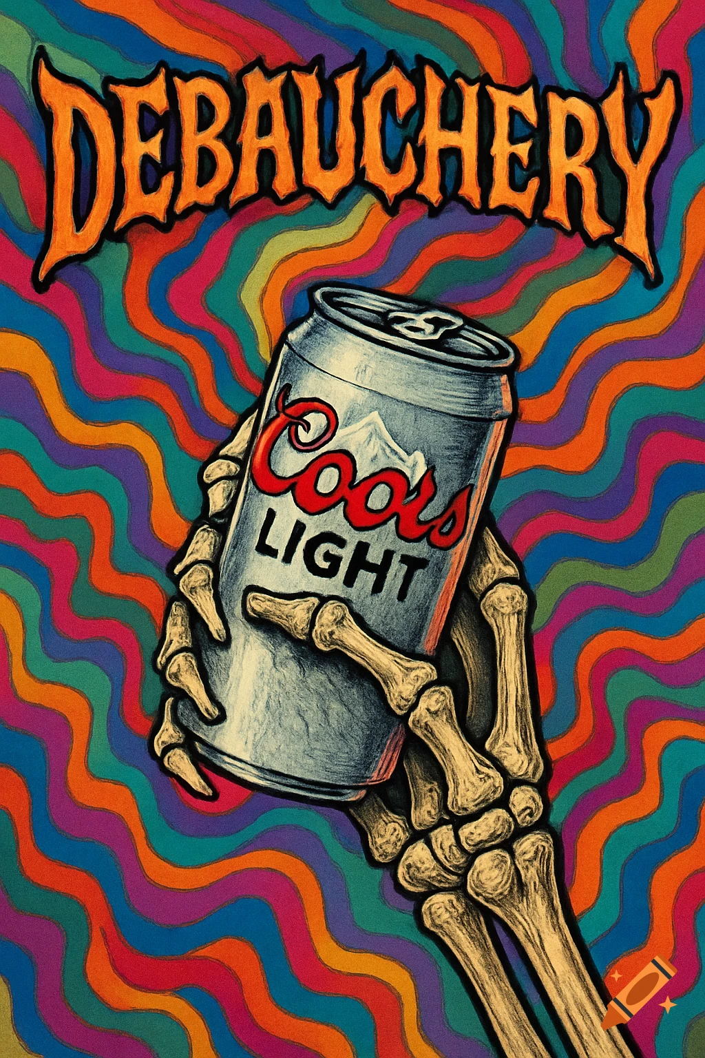 A skeleton hand holds a Coors Light can with the word DEBAUCHERY above, against a colorful psychedelic background illustration.