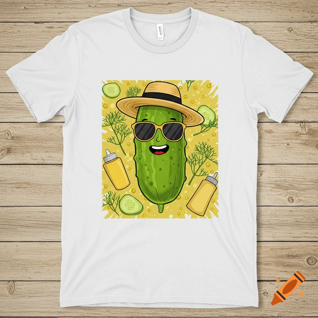 Cartoon pickle wearing a hat and sunglasses on a white t-shirt