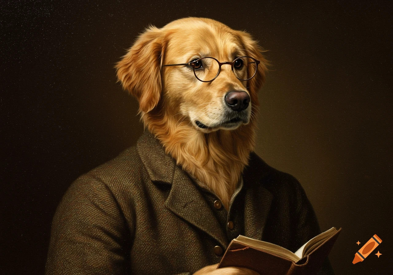 Golden retriever wearing glasses and tweed jacket, holding a book, in a classical portrait style.