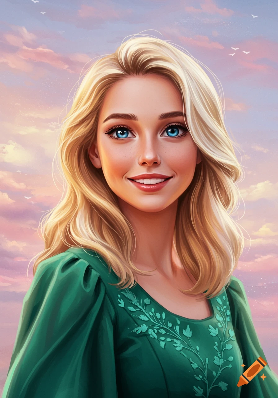 A smiling blond woman in a green dress against a sunset sky.