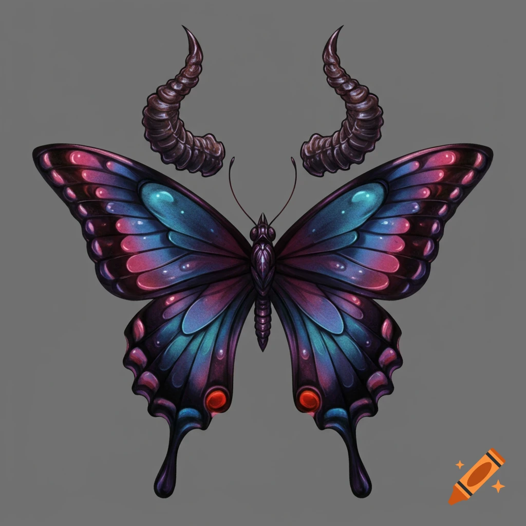 A butterfly tattoo with devil horns, detailed in purple and blue.