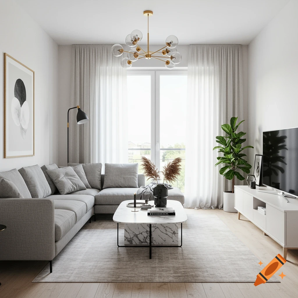 A modern living room with a gray sectional sofa, marble coffee table, large window with sheer curtains, and indoor plants.