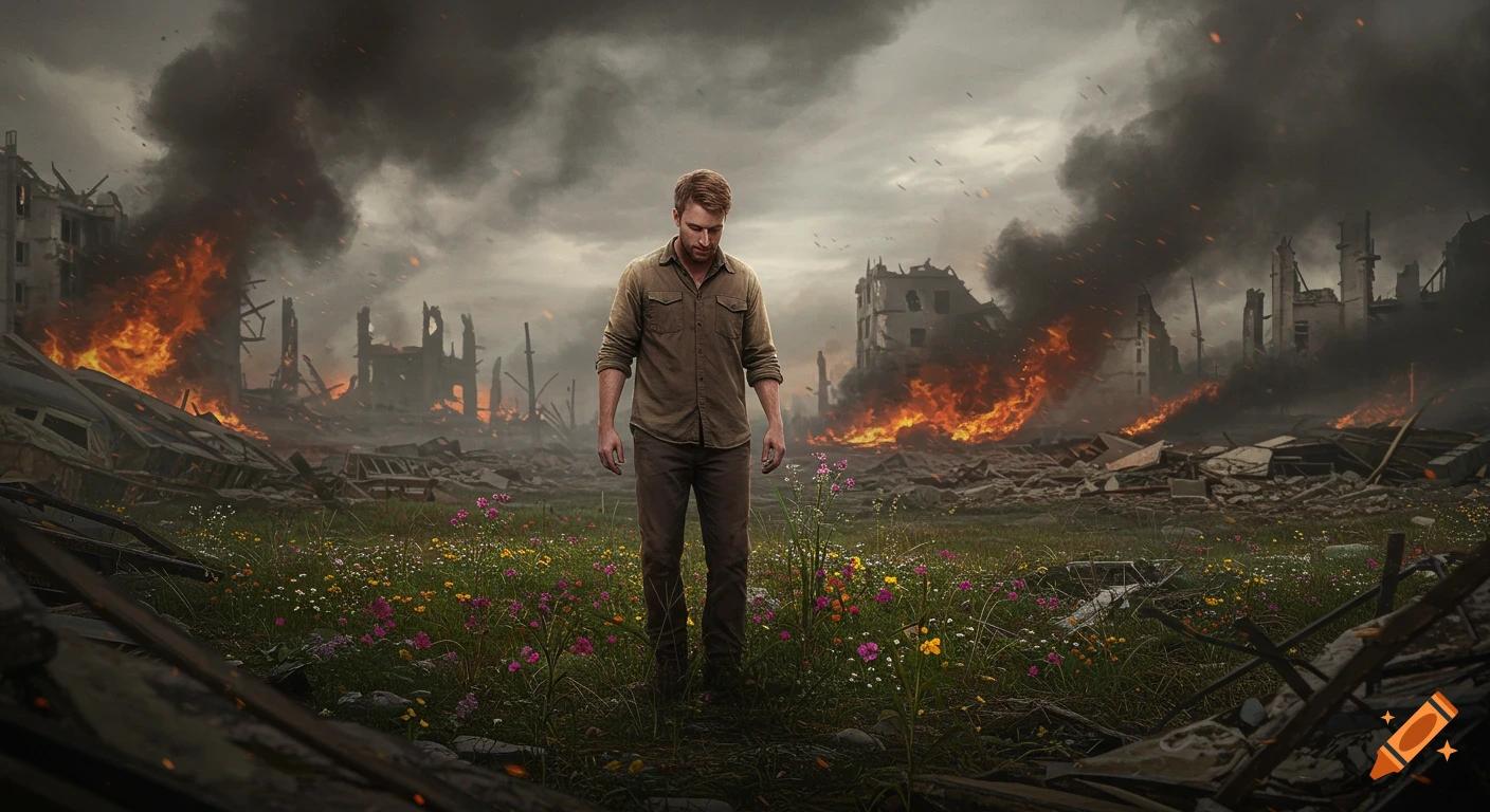 A man stands among wildflowers in a field surrounded by the burning ruins of buildings under a stormy sky.