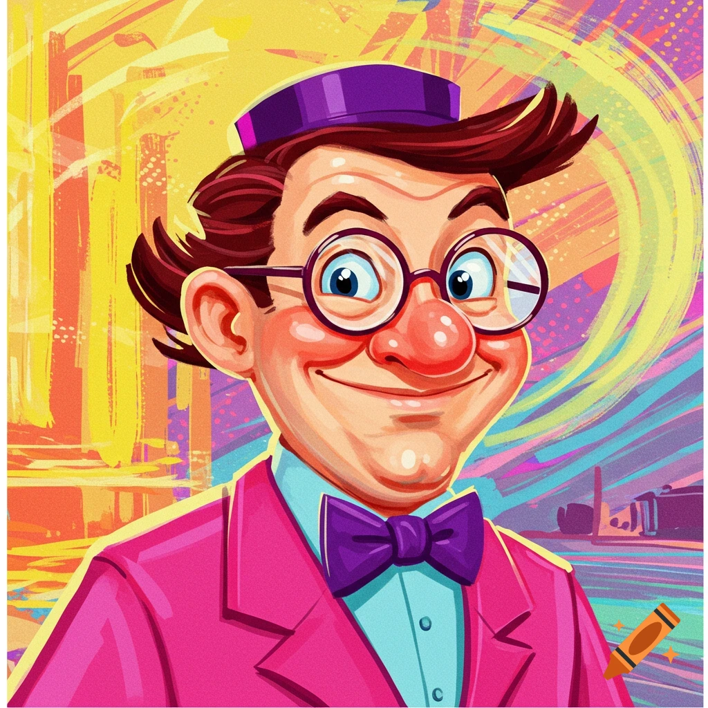 Cartoon illustration of a smiling man in a pink suit, purple bowtie, and hat, with a colorful abstract background.